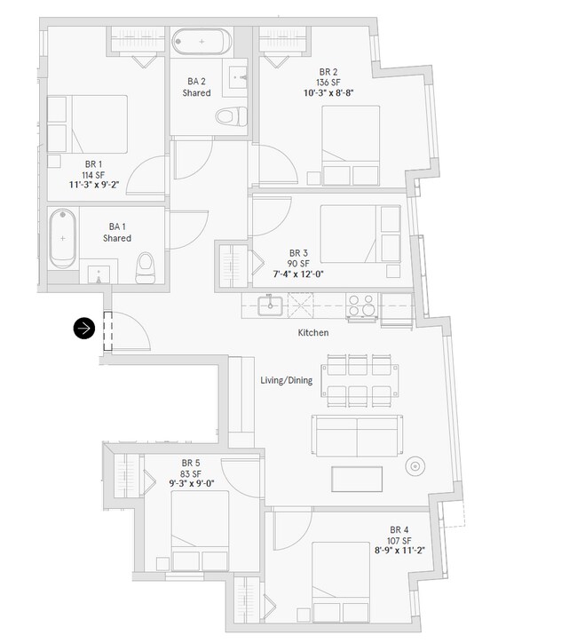 Unit 201 Room 5 in 5B2B (Shared Bathroom) floor plan